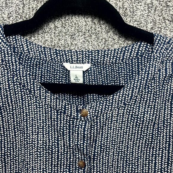 L.L. Bean Womens Large Blouse Top Black White Print Organic Cotton Button Front - Picture 3 of 15